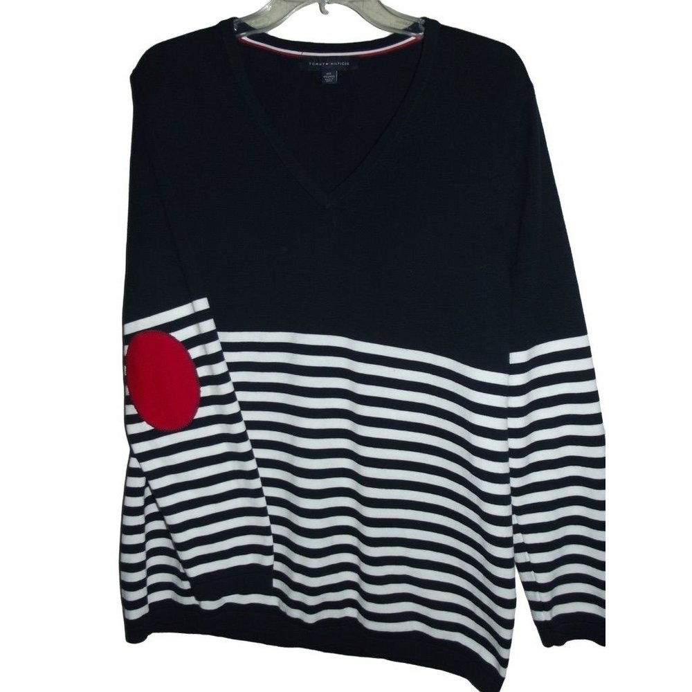 Tommy Hilfiger 2X Colorblock Patch Elbow Sweater navy blue white striped v-neck